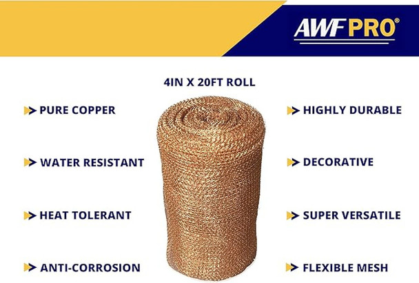 features a 4 inch by 20 foot roll of pure copper flexible mesh. Listed attributes include water resistant, heat tolerant, anti-corrosion, highly durable, decorative, and versatile.