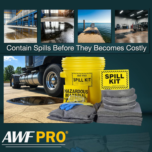 Infographic showing a spill kit used to contain liquid leaks in warehouses, garages, and marine environments.