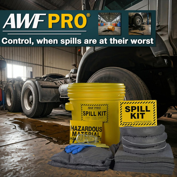 Infographic summary showing a spill kit used for vehicle maintenance to manage liquid leaks in a garage environment.