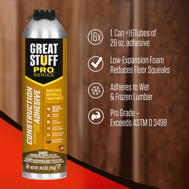 Infographic for Great Stuff Pro construction adhesive. One 26.5 ounce can equals 16 tubes of 28 ounce adhesive. Low-expansion foam reduces floor squeaks, adheres to wet and frozen lumber, and exceeds ASTM D 3498 specifications.