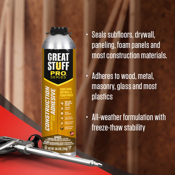 Infographic showing construction adhesive features. It seals subfloors, drywall, paneling, and foam panels. It adheres to wood, metal, masonry, glass, and most plastics with an all-weather formulation featuring freeze-thaw stability.