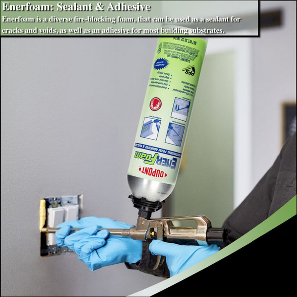 Infographic showing a contractor applying Enerfoam fire-blocking foam as a sealant around an electrical outlet box. Enerfoam can be used to seal cracks and voids or as an adhesive for most building substrates.