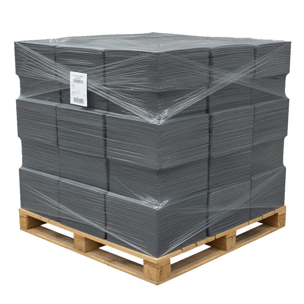 Bulk pallet of gray universal absorbent pads stacked and secured with clear plastic stretch wrap for shipping.