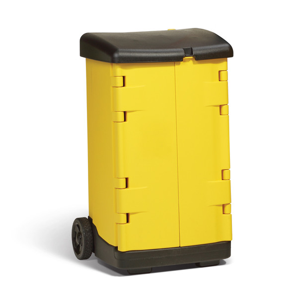 High-visibility yellow mobile spill response storage cabinet cart with wheels