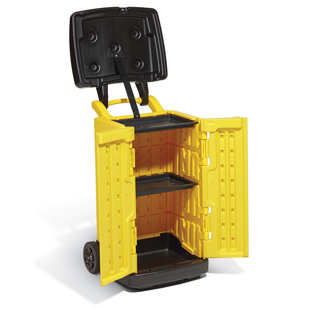 Yellow wheeled safety storage cabinet with double doors open, interior shelves visible, and hinged lid raised