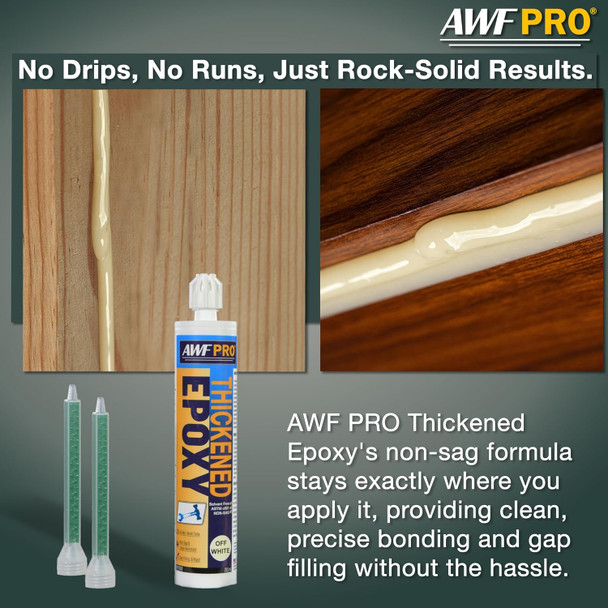 Infographic demonstrating a non-sag epoxy formula, showing clean beads of adhesive applied horizontally and vertically to wood surfaces next to a tube of thickened epoxy and two mixing nozzles.