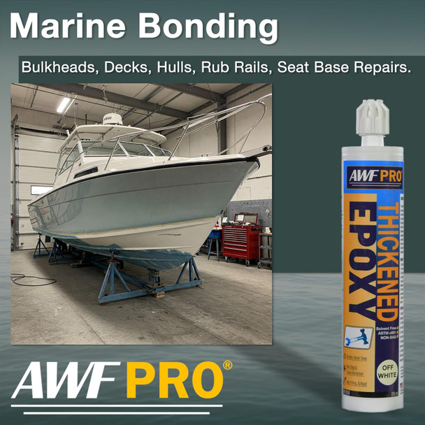 Infographic showcasing marine bonding applications for bulkheads, decks, hulls, rub rails, and seat base repairs, featuring a boat inside a workshop next to a tube of thickened epoxy