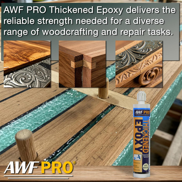 Infographic highlighting epoxy strength for woodcrafting and repairs, showing examples of wood joints and ornate detailing next to a tube of thickened epoxy.