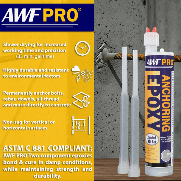 AWF PRO Two Component Extended Set Epoxy Adhesive for Anchoring Threaded Rods, Reinforcing Bars in Uncracked Concrete, High Compression Strength and Weather Resistant, 265 mL