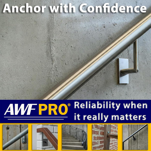 Graphic showing a metal handrail anchored to a concrete wall, with images of additional anchoring applications