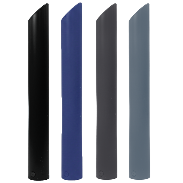 Four decorative bollard covers with sloped tops shown in black, blue, dark gray, and light gray finishes