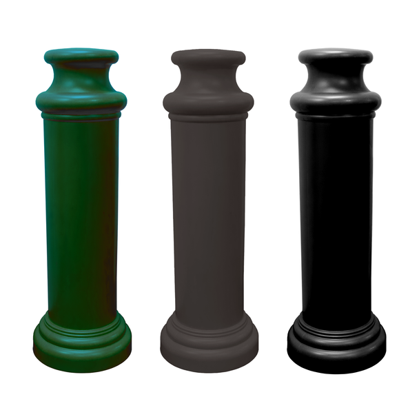 Three decorative bollard covers with fluted tops and tiered bases in green, brown, and black.