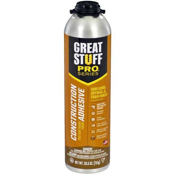 A 26.5 ounce professional series aerosol can of polyurethane foam construction adhesive for subfloors and drywall.
