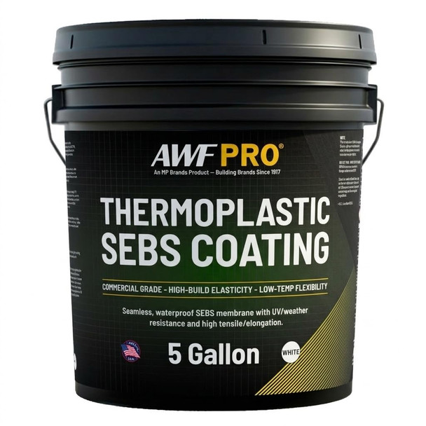 Five-gallon pail of commercial-grade white thermoplastic SEBS roof coating for a seamless, UV-resistant waterproof membrane.