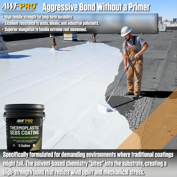 Infographic explaining that the thermoplastic SEBS roof coating provides an aggressive, high-strength bond without a primer. It highlights features including high tensile strength, resistance to chemicals and industrial pollutants, and superior elongation to accommodate roof movement in demanding environments.