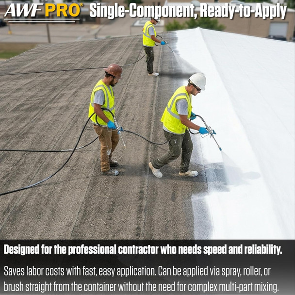 Infographic highlighting that the single-component roof coating is ready-to-apply for professional contractors, saving labor costs by allowing spray, roller, or brush application directly from the container without complex mixing.