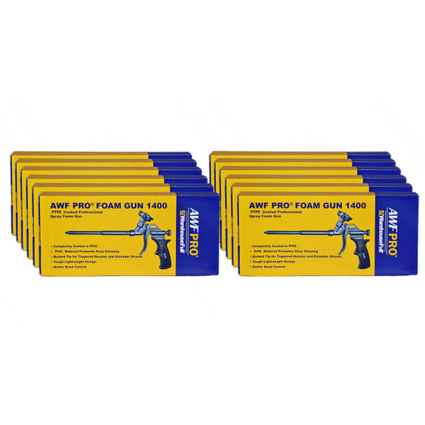 Twelve yellow and blue boxes of spray foam applicator guns displayed in two stacks of six.