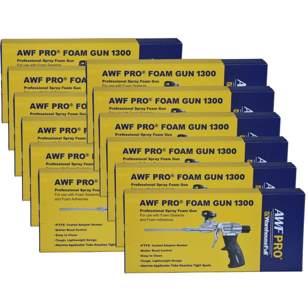 Ten yellow and blue boxes of spray foam applicator guns arranged in two staggered rows.