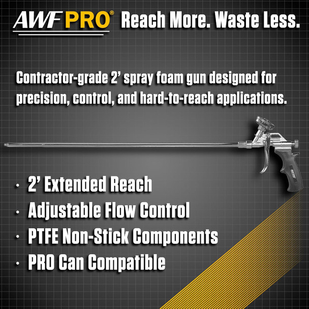 Contractor spray foam applicator gun with two foot long extended barrel and adjustable flow control dial.