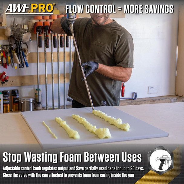 Contractor dispensing precise lines of spray foam onto a board using an extended barrel applicator gun.
