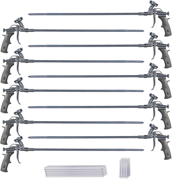 Kit includes ten long-barrel spray foam applicator guns, long extension tubes, and narrow nozzle tips.