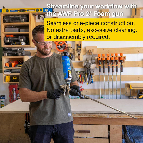 Infographic showing a person holding a 2 foot foam applicator gun, highlighting its seamless one-piece construction.