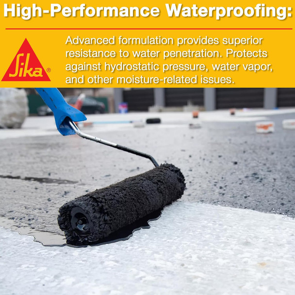 Infographic showing black liquid waterproofing being roller-applied to a concrete surface with text highlighting resistance to water penetration, hydrostatic pressure, and water vapor.