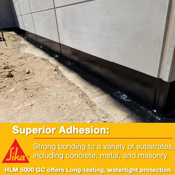 Infographic showing black waterproofing membrane applied to the base of a concrete wall with text explaining superior adhesion to concrete, metal, and masonry.
