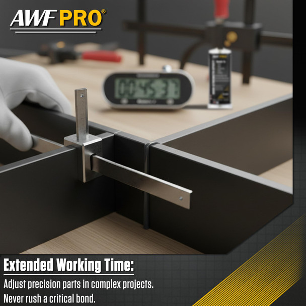 bonding application under the heading 'Extended Working Time.' The image shows a close-up of a metal clamping alignment tool joining together perpendicular pieces of a black grid assembly on a wooden workspace. A gloved hand adjusts the metal piece, while a digital desk timer displaying 45 minutes and 37 seconds sits in the background next to a bottle of adhesive. Below, the text highlights that this formula lets you adjust precision parts in complex projects, meaning you never have to rush a critical bond.