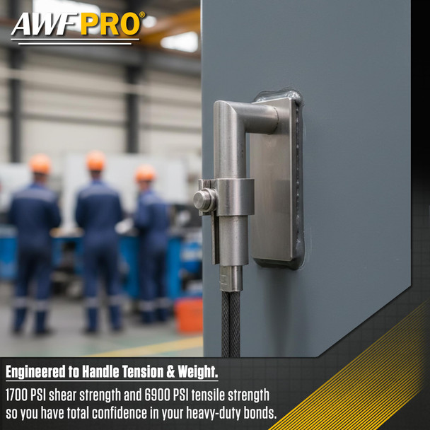 heavy-duty industrial bond, showing a metal bracket and cable assembly anchored to a vertical beam. Text states it is engineered to handle tension and weight with 1700 PSI shear strength and 6900 PSI tensile strength, with workers in hardhats blurred in the background