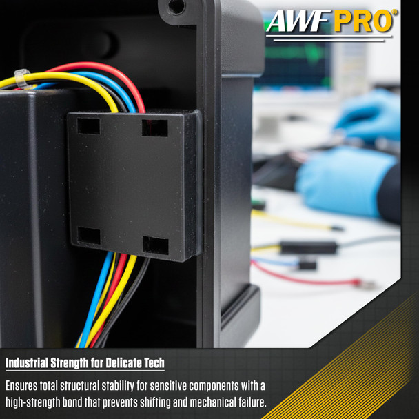 bonding application labeled 'Industrial Strength for Delicate Tech.' The image displays the open interior of a black plastic electronics housing, where colored wires (red, yellow, blue, black) pass through a secured internal component block. In the blurred background, a technician wearing blue gloves works at a laboratory bench with electronics and testing equipment. Lower text states that the product ensures total structural stability for sensitive components with a high-strength bond that prevents shifting and mechanical failure.