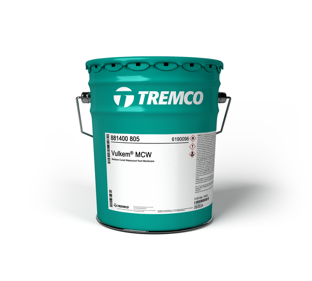 Five gallon teal metal pail of moisture-cured waterproof roof membrane.