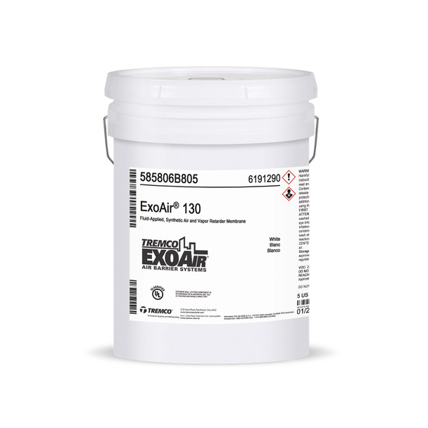 Five gallon white pail of fluid-applied synthetic air and vapor retarder membrane.