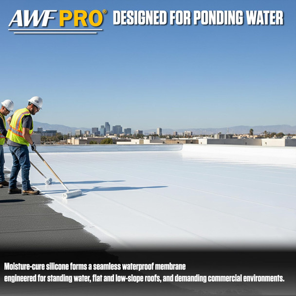 AWF PRO High Solids Silicone Roof Coating – White Reflective Waterproof Membrane for Flat & Low-Slope Roofs, UV Resistant High-Build Flexible Sealant – 5 Gallon Pail