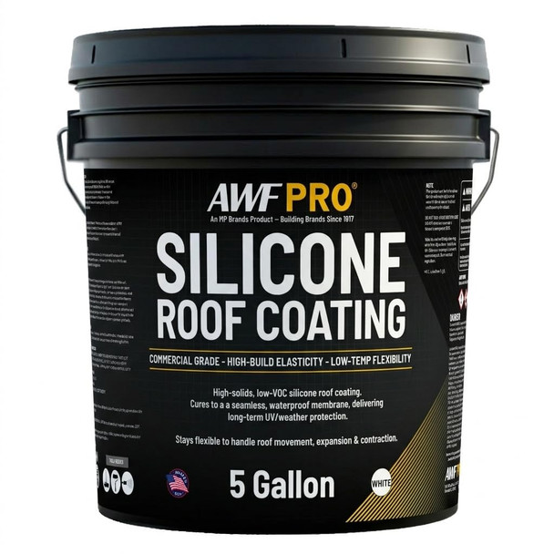 Five gallon pail of AWF PRO white silicone roof coating, a commercial grade, high-solids, low volatile organic compound sealant.