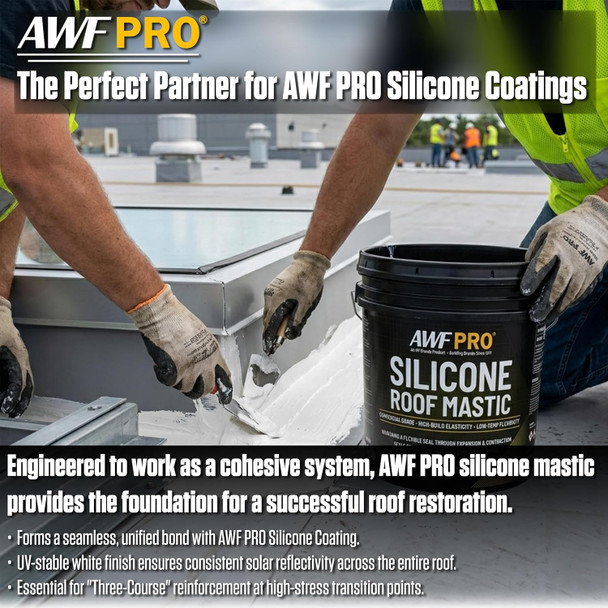 Infographic demonstrating that AWF PRO silicone roof mastic works as a cohesive system with silicone coatings to provide a seamless, UV-stable foundation for roof restorations.