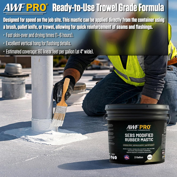 Infographic showing a worker applying AWF PRO trowel-grade rubber mastic with a brush to a rooftop pipe flashing, noting fast dry times and coverage of 80 linear feet per gallon.