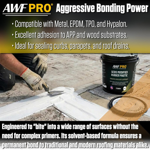 AWF PRO Modified Rubber Roof Coating – White SEBS Thermoplastic Mastic Sealant for Roof Repair, Seams, Flashing & Penetrations – Waterproof, UV-Resistant Coating for Metal, EPDM, TPO, APP, Hypalon & Wood – 2 Gallon Pail