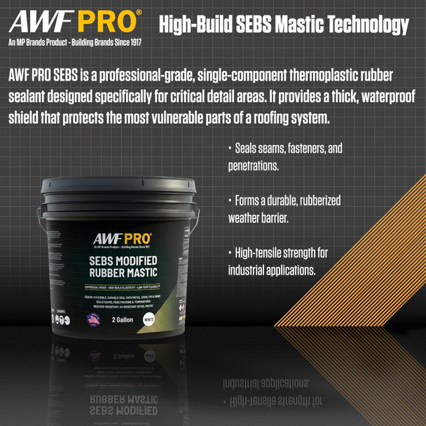 Infographic summarizing AWF PRO SEBS rubber mastic features, including its ability to seal seams, fasteners, and penetrations while forming a durable, high-tensile weather barrier.