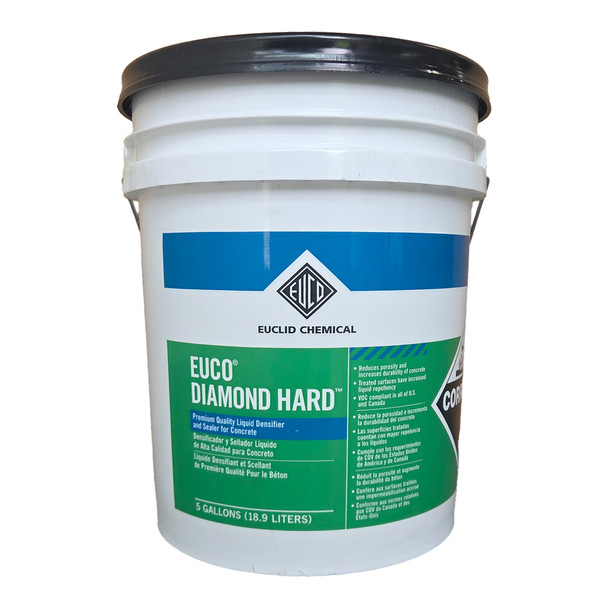 Five gallon bucket of Euco Diamond Hard containing liquid densifier and sealer for concrete.