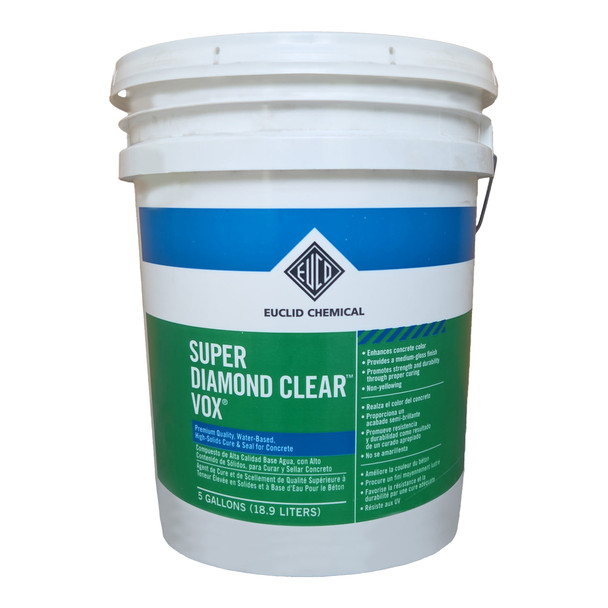 Five gallon bucket Euclid Diamond Clear VOX containing water-based high-solids concrete cure and seal.