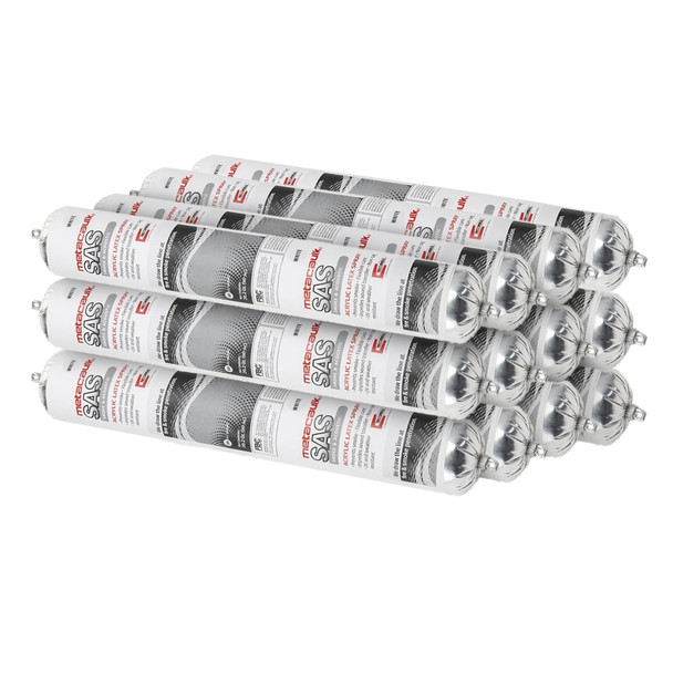 12 white 20.2 oz smoke and acoustic sealant foil sausage packs arranged in a stacked case quantity
