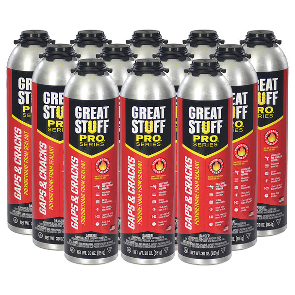 Kit includes 12 thirty ounce cans of gaps and cracks polyurethane foam sealant for gun application.