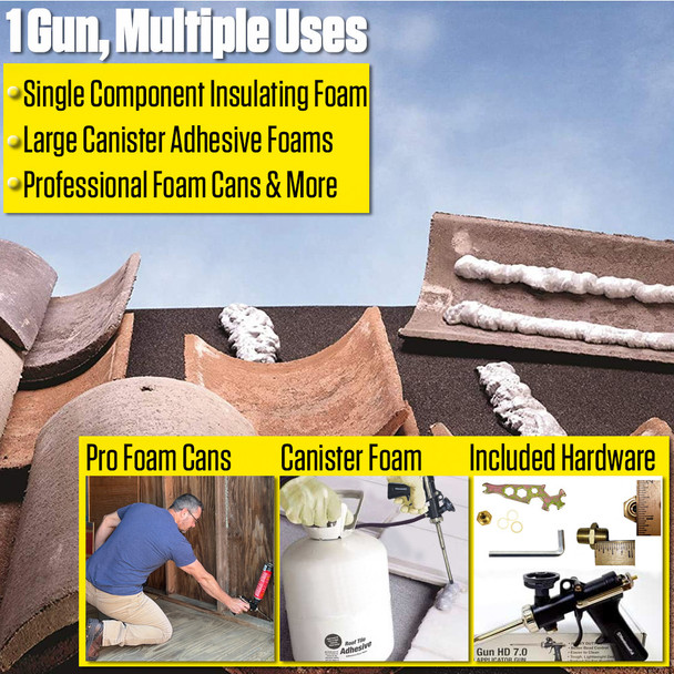 Infographic showing roof tiles applied with foam adhesive above inset panels illustrating versatile foam gun uses.