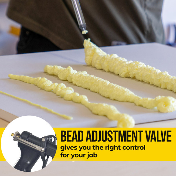 Foam gun dispensing varying foam bead sizes onto a board above a graphic highlighting the bead adjustment valve.