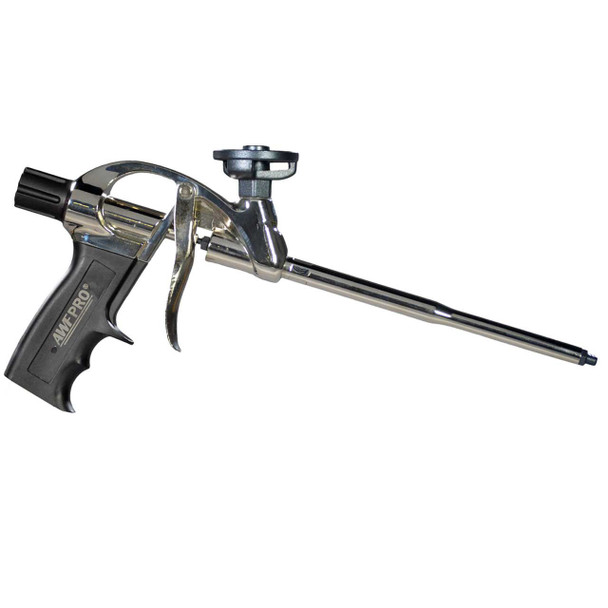 Silver spray foam gun with black ergonomic handle facing right against a white background.