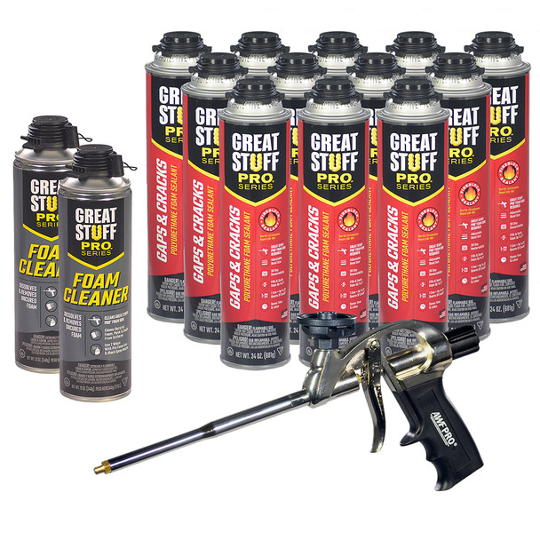 Kit includes 12 twenty-four ounce spray foam cans, 2 twelve ounce foam cleaners, and a metal applicator gun.