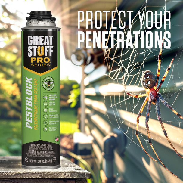 a can of Great Stuff Pro Pestblock foam sealant is shown outdoors near a spider web to demonstrate its use in sealing home penetrations against pests.