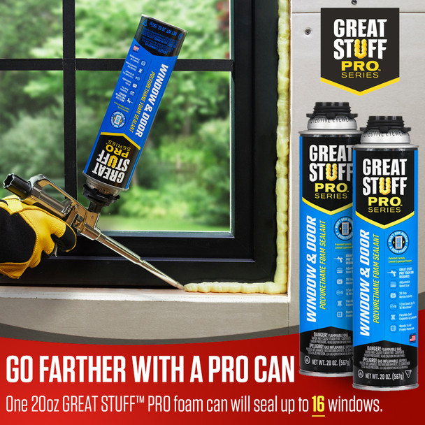 A person in work gloves uses an applicator gun to apply yellow polyurethane foam sealant around the frame of an installed window, highlighting the product's use for residential weatherproofing.