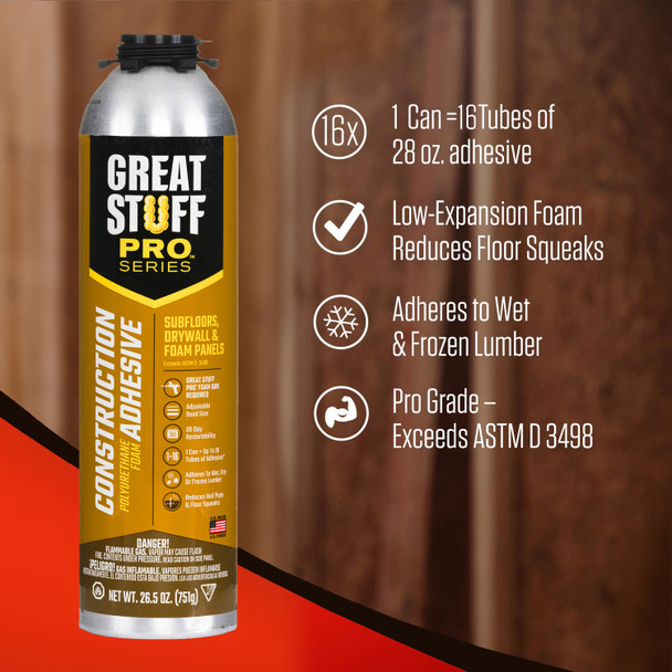 Twelve 26.5 ounce cans of professional construction adhesive for subfloors, drywall, and foam panels.